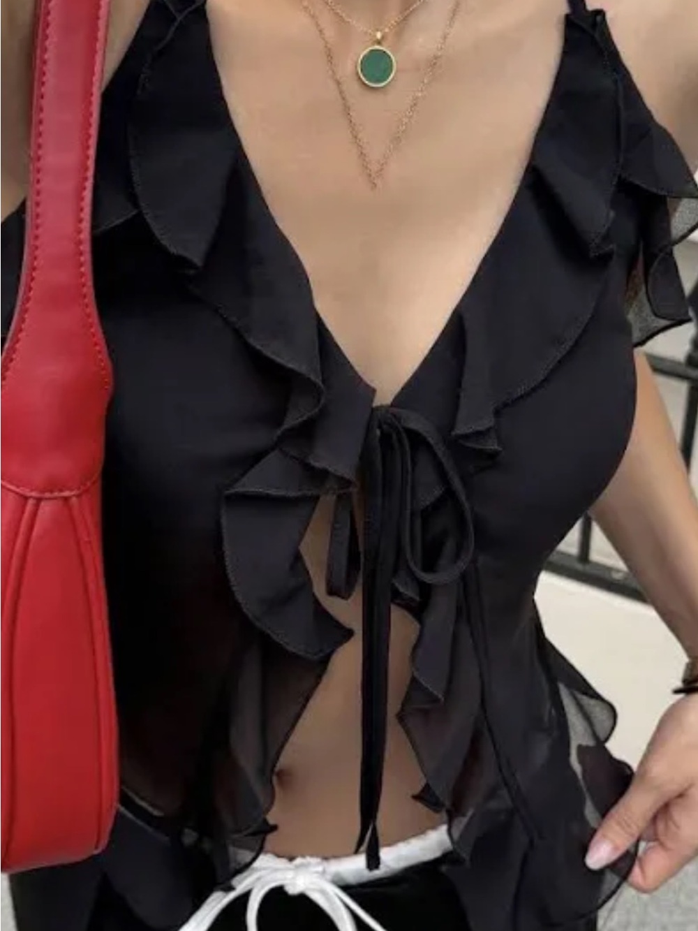 Boohoo Black Ruffle Tie-Front Sheer Cami